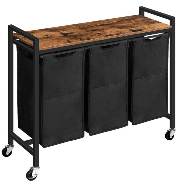 laundry hamper, laundry sorter 3 section, laundry basket with wheels, 3 x 10.5 gal (39.8l), rolling cart, pull-out and removable oxford fabric laundry bags, rustic brown and black