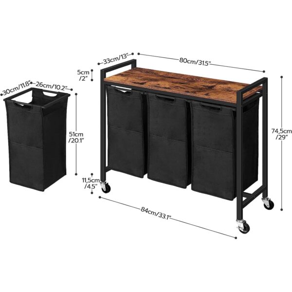 laundry hamper, laundry sorter 3 section, laundry basket with wheels, 3 x 10.5 gal (39.8l), rolling cart, pull-out and removable oxford fabric laundry bags, rustic brown and black