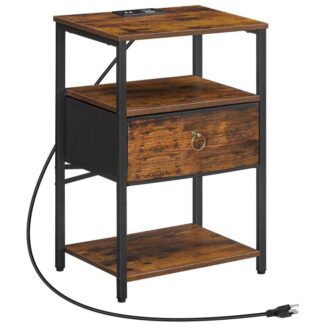 nachtkastje met laadstation, 3-Tier -eindtafel met open planken, bijzettafel met uitlaat- en USB -poorten, nachtkastje voor slaapkamer, kantoor, studeerkamer, Rustiek bruin en zwart