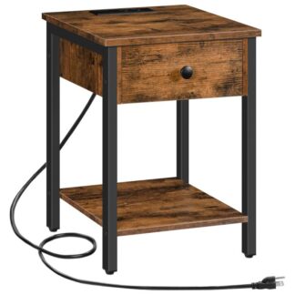 nightstand, end table with charging station and usb ports, side table with drawer and storage shelf, bedside table for small spaces and bedroom, rustic brown