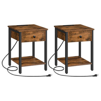 σύνολο από 2 Τελικά τραπέζια με σταθμό φόρτισης και θύρες USB, νυχτερινή περίπτερο με συρτάρι και αποθήκευσης, κομοδίνο για μικρούς χώρους, υπνοδωμάτιο, ρουστίκ καφέ και μαύρο