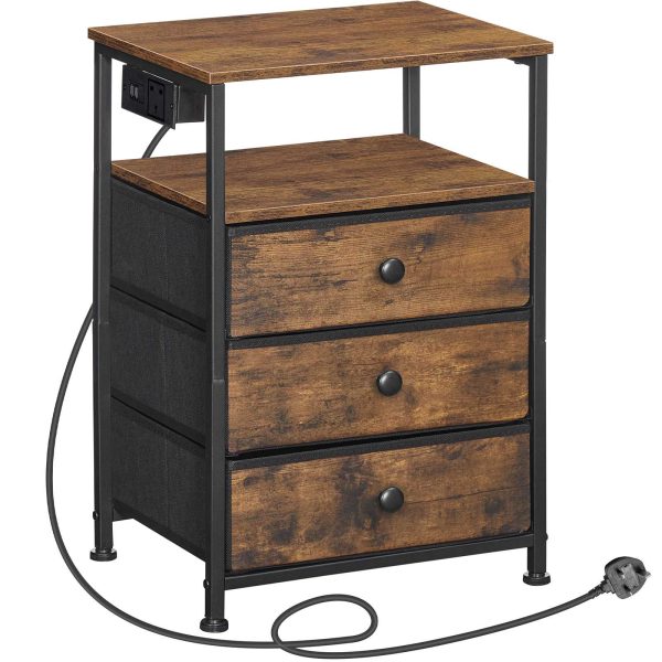 Bedside Table with Charging Station, Rustic Brown and Black End Table Featuring 3 Fabric Drawers, Sofa Side Table Equipped with USB Ports and Power Socket, Multifunctional Nightstand for Bedroom and Living Room