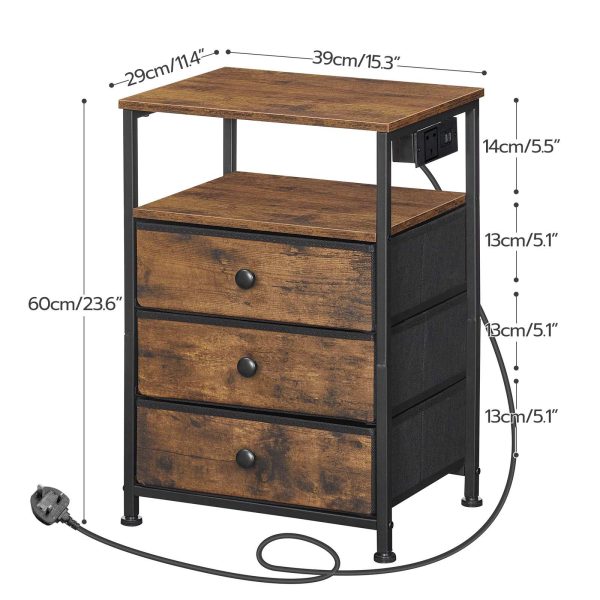 Bedside Table with Charging Station, Rustic Brown and Black End Table Featuring 3 Fabric Drawers, Sofa Side Table Equipped with USB Ports and Power Socket, Multifunctional Nightstand for Bedroom and Living Room