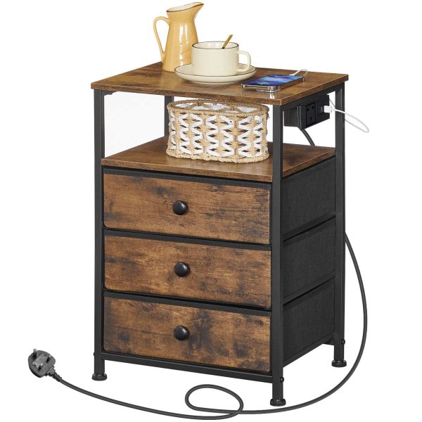 Bedside Table with Charging Station, Rustic Brown and Black End Table Featuring 3 Fabric Drawers, Sofa Side Table Equipped with USB Ports and Power Socket, Multifunctional Nightstand for Bedroom and Living Room