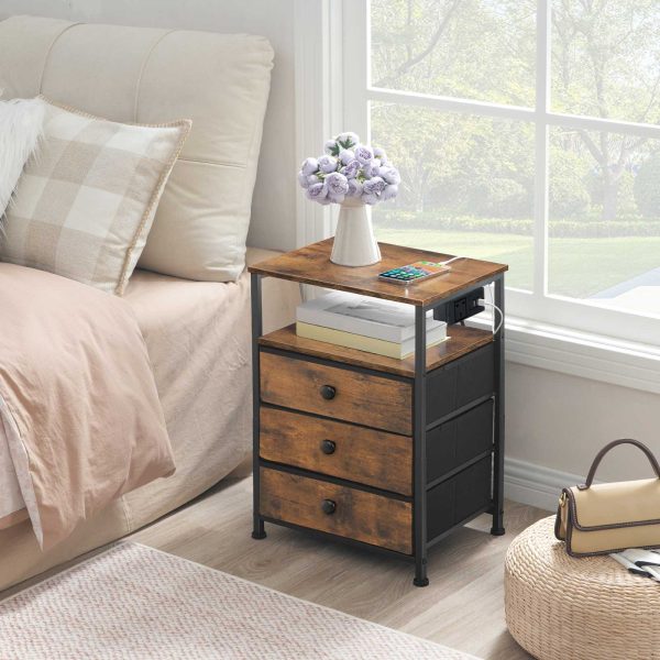 Bedside Table with Charging Station, Rustic Brown and Black End Table Featuring 3 Fabric Drawers, Sofa Side Table Equipped with USB Ports and Power Socket, Multifunctional Nightstand for Bedroom and Living Room