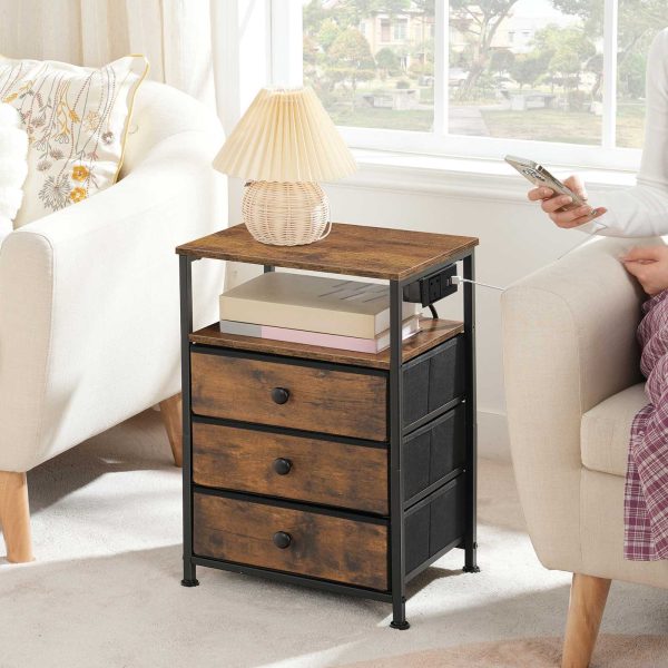 Bedside Table with Charging Station, Rustic Brown and Black End Table Featuring 3 Fabric Drawers, Sofa Side Table Equipped with USB Ports and Power Socket, Multifunctional Nightstand for Bedroom and Living Room