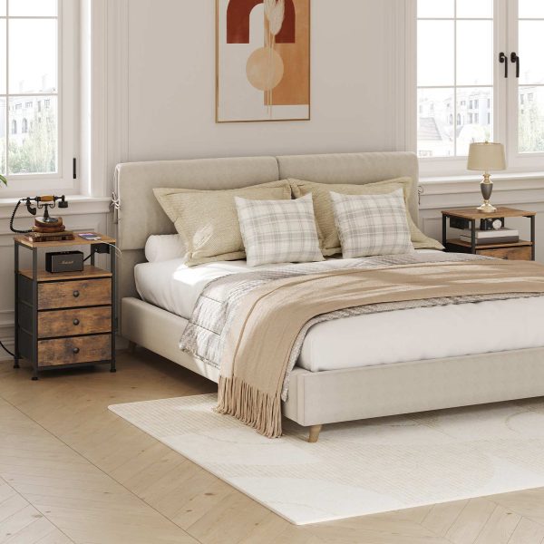 Bedside Table with Charging Station, Rustic Brown and Black End Table Featuring 3 Fabric Drawers, Sofa Side Table Equipped with USB Ports and Power Socket, Multifunctional Nightstand for Bedroom and Living Room