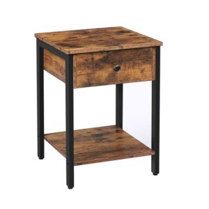 nightstand, 2-tier end table, industrial side table with drawer and storage shelf, wooden accent table with metal frame, for living room, bedroom, easy assembly, rustic brown and black