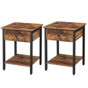 set of 2 nightstands, 2-tier end table, industrial side table with drawer and storage shelf, wood accent table with metal frame, easy assembly, rustic brown