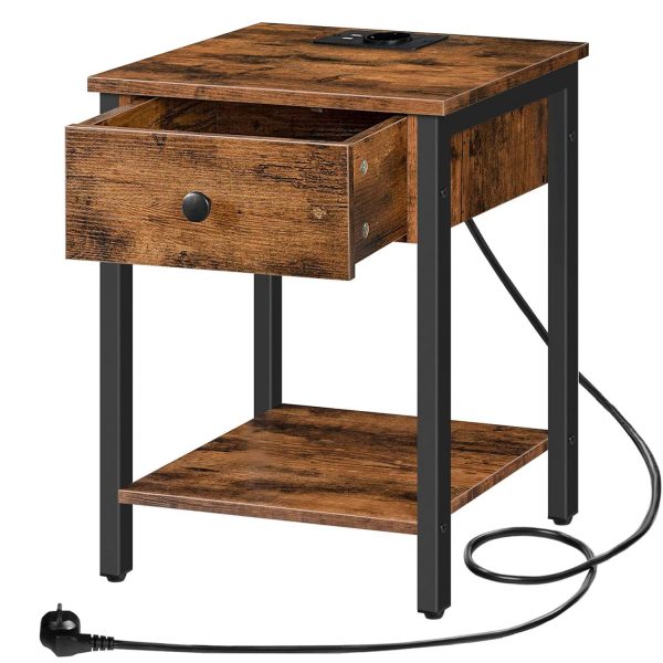 Nachttisch mit Steckdosen und USB-Anschlüssen, Multifunktionaler Beistelltisch mit Schublade und Ablagefach, Geeignet für Schlafzimmer, Rustikalbraun und schwarz