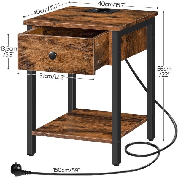 Nachttisch mit Steckdosen und USB-Anschlüssen, Multifunktionaler Beistelltisch mit Schublade und Ablagefach, Geeignet für Schlafzimmer, Rustikalbraun und schwarz