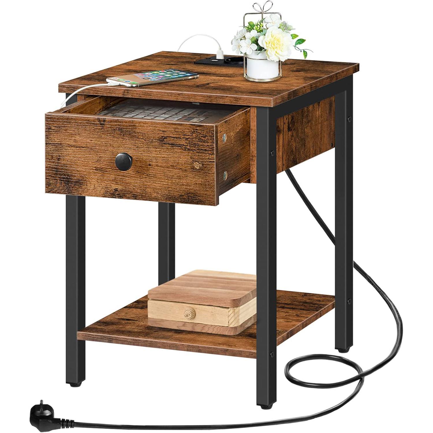 Nachttisch mit Steckdosen und USB-Anschlüssen, Multifunktionaler Beistelltisch mit Schublade und Ablagefach, Geeignet für Schlafzimmer, Rustikalbraun und schwarz