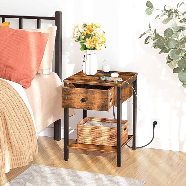 Nachttisch mit Steckdosen und USB-Anschlüssen, Multifunktionaler Beistelltisch mit Schublade und Ablagefach, Geeignet für Schlafzimmer, Rustikalbraun und schwarz