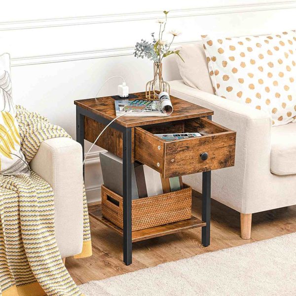 Nachttisch mit Steckdosen und USB-Anschlüssen, Multifunktionaler Beistelltisch mit Schublade und Ablagefach, Geeignet für Schlafzimmer, Rustikalbraun und schwarz