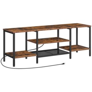 tv stand with power outlets to 65 inches, tv console table with open storage shelves, industrial media entertainment center for living room bedroom, rustic brown and black