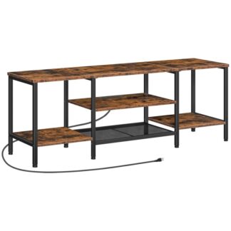 TV -állvány tápegységekkel 65 hüvelyk, TV -konzol asztal nyílt tárolópolcokkal, Ipari média szórakoztató központ a nappali hálószobához, rusztikus barna és fekete