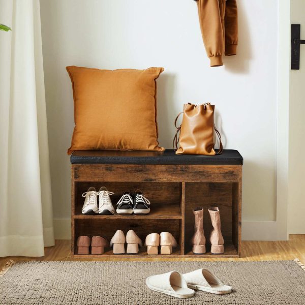 مقعد تخزين الأحذية باللون البني الريفي مع وسادة مبطنة, مقعد مدخل مع صندوق تخزين قابل للفتح ورف قابل للتعديل, رف الأحذية مع مقصورة مخفية, للدخول, غرفة الجلوس