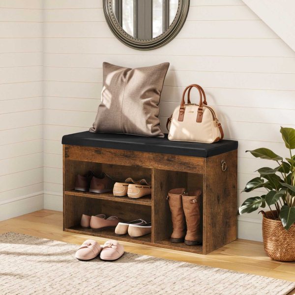 مقعد تخزين الأحذية باللون البني الريفي مع وسادة مبطنة, مقعد مدخل مع صندوق تخزين قابل للفتح ورف قابل للتعديل, رف الأحذية مع مقصورة مخفية, للدخول, غرفة الجلوس