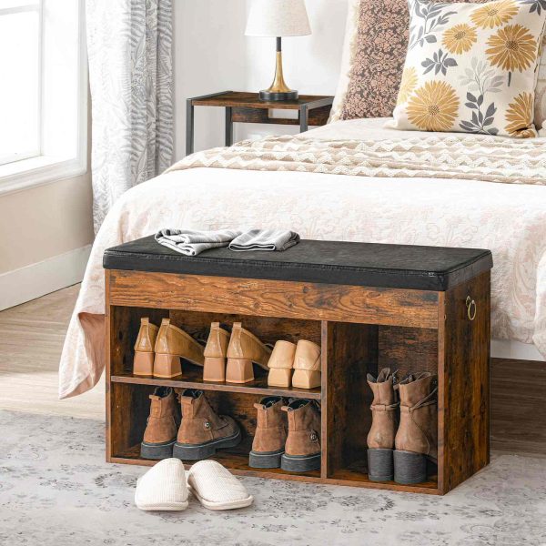 مقعد تخزين الأحذية باللون البني الريفي مع وسادة مبطنة, مقعد مدخل مع صندوق تخزين قابل للفتح ورف قابل للتعديل, رف الأحذية مع مقصورة مخفية, للدخول, غرفة الجلوس