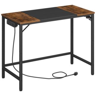Computertisch, Office Desk mit Stromversorgungsstelle, Computertisch mit 4 Haken, Moderner Studienschreibtisch für den Studienraum, Innenministerium, Industrielles Design, Rustikalbraun und schwarz