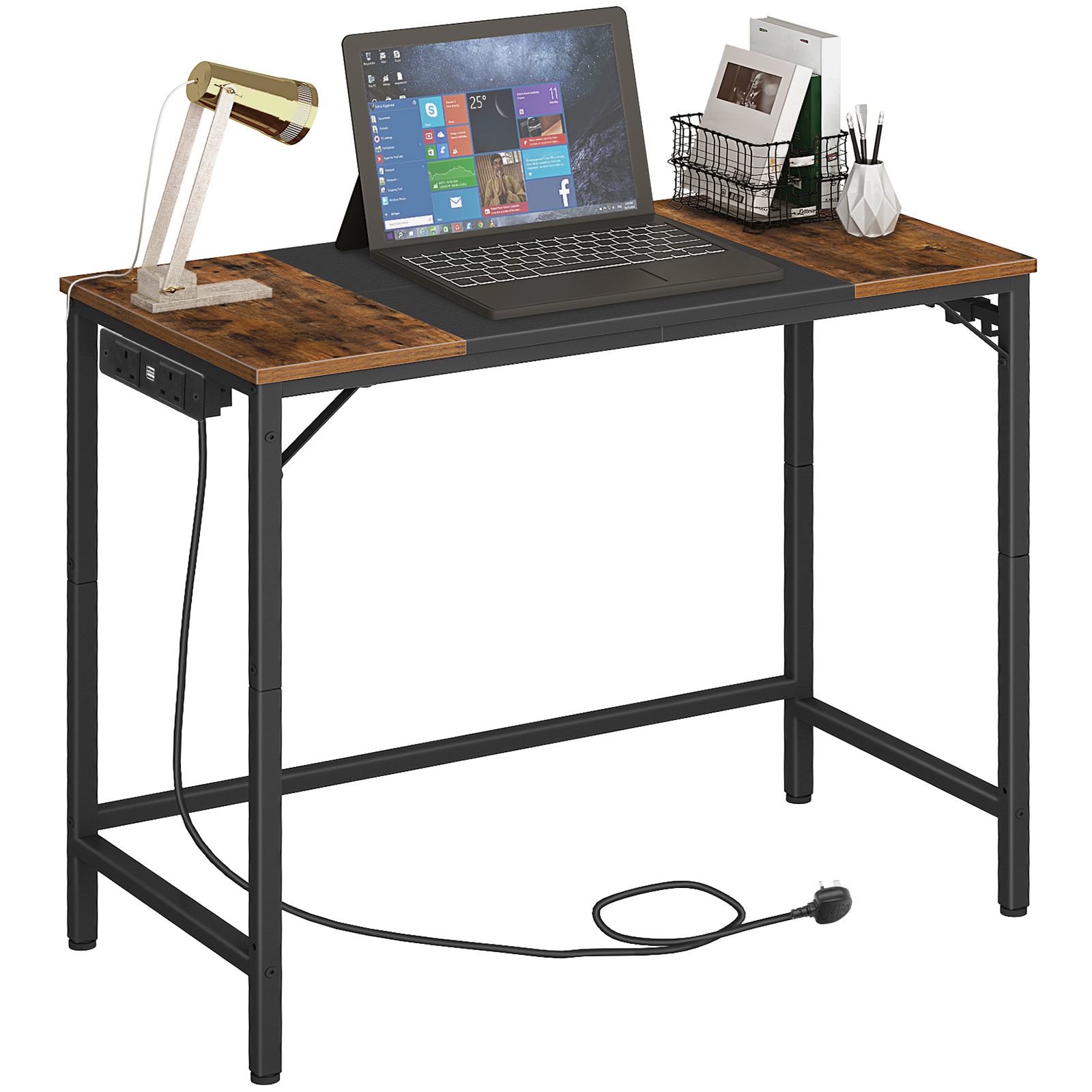 Computer Desk, Office Desk with Power Outlet, Computer Desk with 4 Hooks, Modern Study Writing Desk for Study Room, Home Office, Industrial Design, Rustic Brown and Black