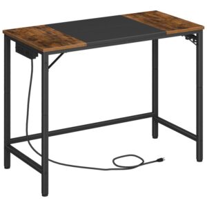 HOOBRO Computer Desk, Home Office Desk with Power Outlet, Modern Study Writing Desk with 3 Hooks for Study Room, Home Office, Sturdy and Stable, Easy to Assemble, Rustic Brown and Black BF40UDN01