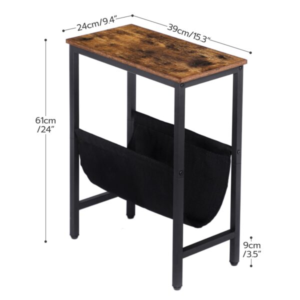 schmaler Lampentisch, Beistelltisch für kleine Räume, Schlanker Nachttisch mit Magazinhalter, Moderner dünner Sofa -Tisch, Breite Nachttisch, Snack -Couchtisch, rustikalbraun und schwarz