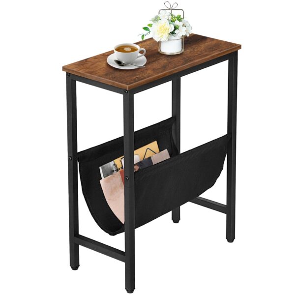 schmaler Lampentisch, Beistelltisch für kleine Räume, Schlanker Nachttisch mit Magazinhalter, Moderner dünner Sofa -Tisch, Breite Nachttisch, Snack -Couchtisch, rustikalbraun und schwarz