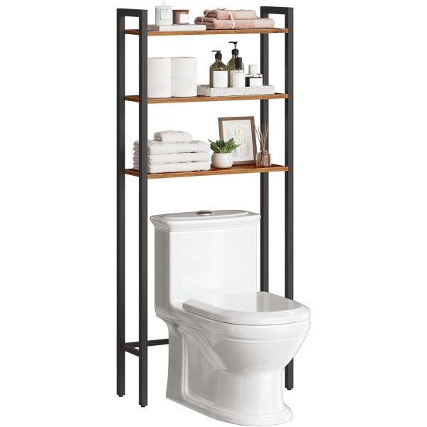 Rustic Brown Over-the-Toilet Storage Rack, 3-Tier Industrial Bathroom Organizer with Adjustable Feet, Easy Assembly