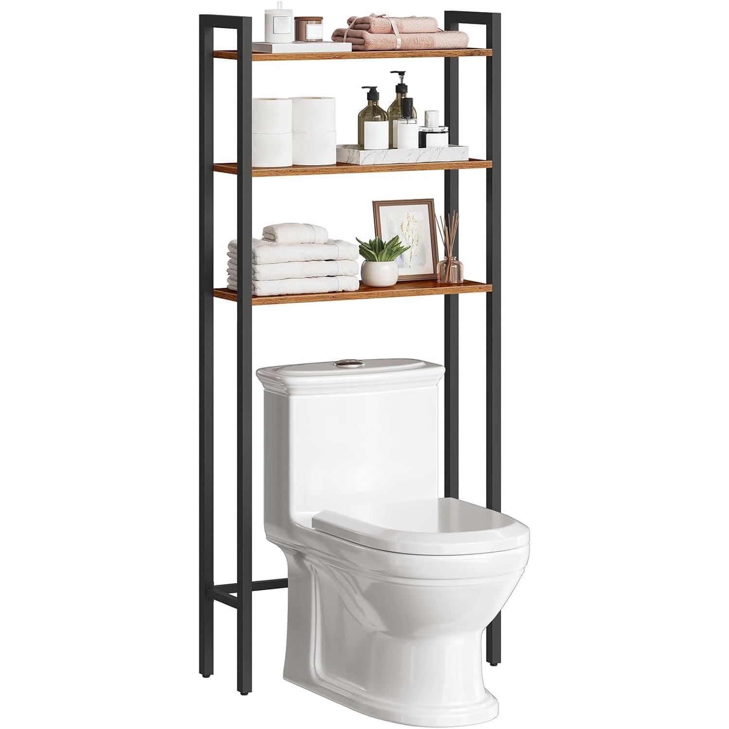 Rustic Brown Over-the-Toilet Storage Rack, 3-Tier Industrial Bathroom Organizer with Adjustable Feet, Easy Assembly