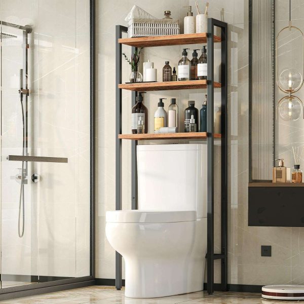 Rustic Brown Over-the-Toilet Storage Rack, 3-Tier Industrial Bathroom Organizer with Adjustable Feet, Easy Assembly