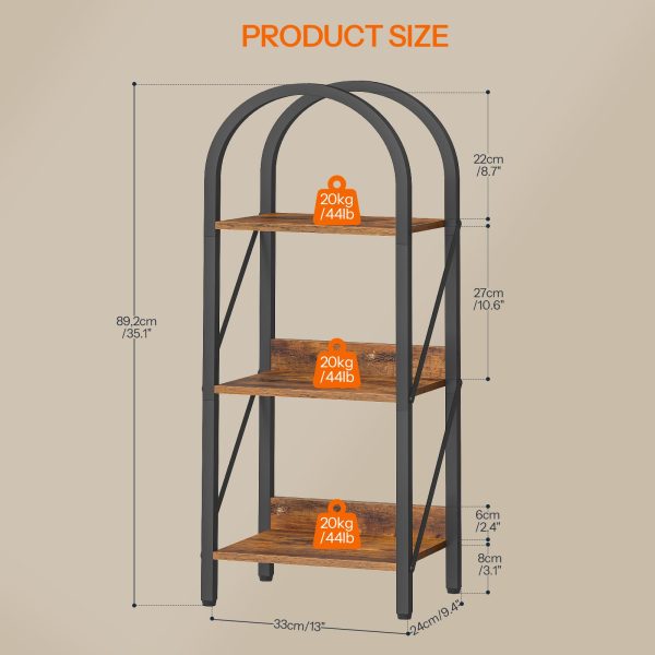 3-Tier Arched Industrial Bookshelf, Rustic Brown & Black Metal-Frame Display Rack & Storage Organizer, Suitable for Living Room, Office and Bedroom