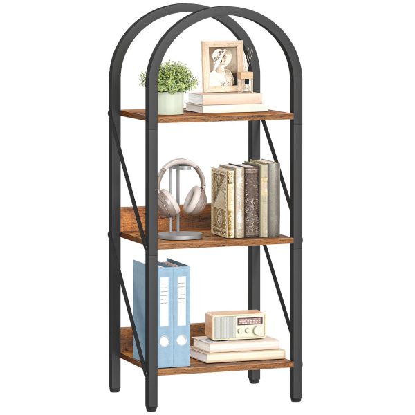 3-Tier Arched Industrial Bookshelf, Rustic Brown & Black Metal-Frame Display Rack & Storage Organizer, Suitable for Living Room, Office and Bedroom