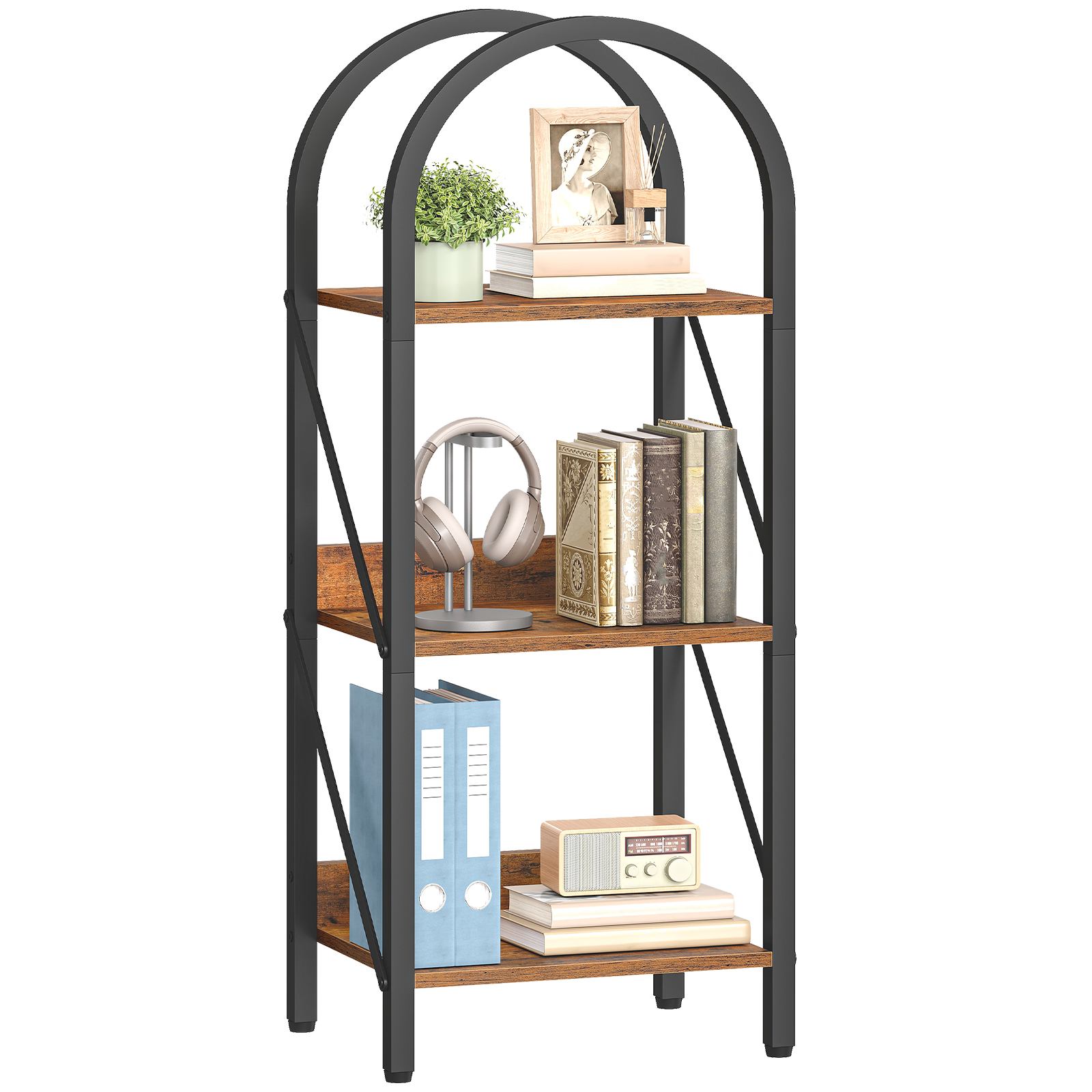 3-Tier Arched Industrial Bookshelf, Rustic Brown & Black Metal-Frame Display Rack & Storage Organizer, Suitable for Living Room, Office and Bedroom