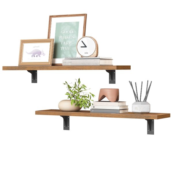 Wall-Mounted Floating Shelves (Set of 2), Wooden Storage Shelves with Metal Brackets, Suitable for Living Room, Bedroom, Bathroom, Rustic Brown and Black