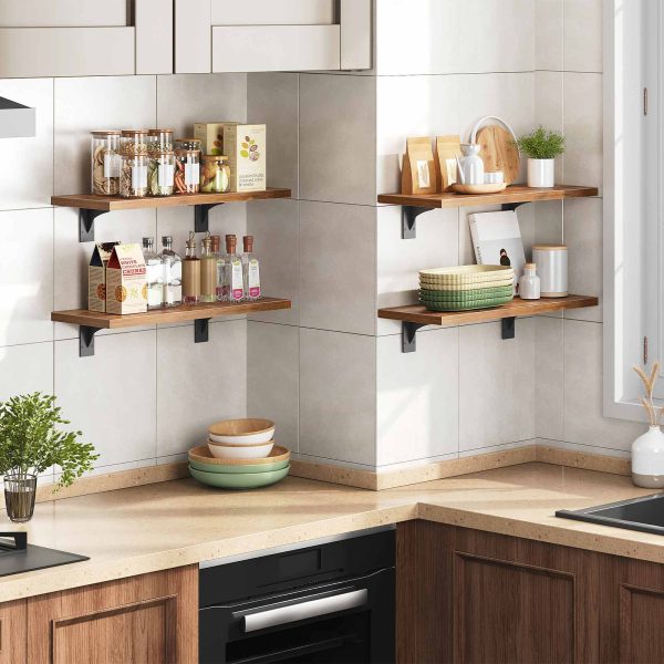 Wall-Mounted Floating Shelves (Set of 2), Wooden Storage Shelves with Metal Brackets, Suitable for Living Room, Bedroom, Bathroom, Rustic Brown and Black