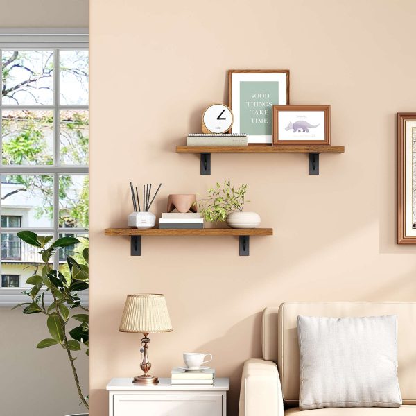 Wall-Mounted Floating Shelves (Set of 2), Wooden Storage Shelves with Metal Brackets, Suitable for Living Room, Bedroom, Bathroom, Rustic Brown and Black