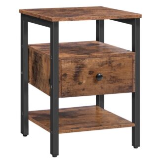 end table, nightstand with drawer and 3 storage shelves, retro industrial style side table, for living room, bedroom, easy assembly, rustic brown