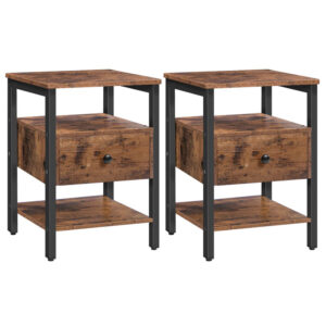 nightstand set of 2, end table with drawer and 3 storage shelves, retro industrial style side table, for living room, bedroom, easy assembly, rustic brown