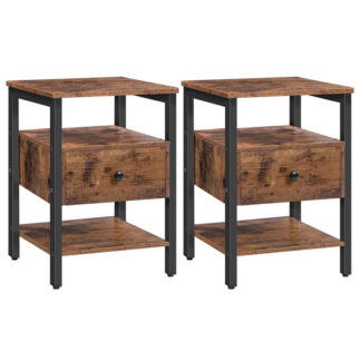 مجموعة منضدة 2, الجدول النهائي مع الدرج و 3 رفوف تخزين, الجدول الجانبي الرجعية على الطراز الصناعي, لغرفة المعيشة, غرفة نوم, التجميع سهل, بني ريفي