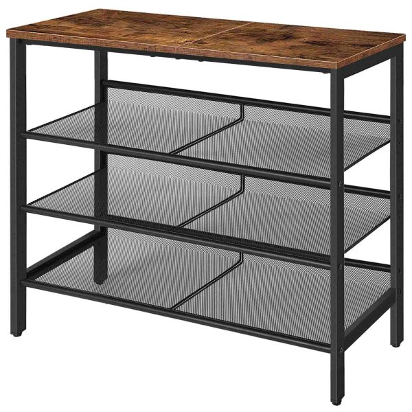 4-Tier Schong Rack, Industriell-Stil Shoe Stockage Organizer mat 3 Metal Mesh Regaler, Kapazitéit fir 12-15 Puer Schong, Solid a stabil Konstruktioun, Rustikal Braun Finish, Gëeegent fir Entrée a Kleederschaf