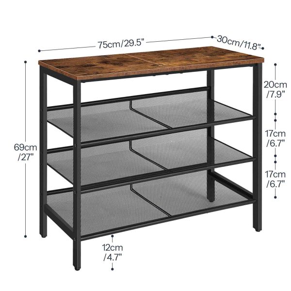 4-Tier Schong Rack, Industriell-Stil Shoe Stockage Organizer mat 3 Metal Mesh Regaler, Kapazitéit fir 12-15 Puer Schong, Solid a stabil Konstruktioun, Rustikal Braun Finish, Gëeegent fir Entrée a Kleederschaf