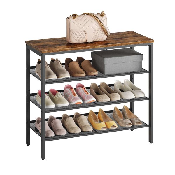 4-Tier Schong Rack, Industriell-Stil Shoe Stockage Organizer mat 3 Metal Mesh Regaler, Kapazitéit fir 12-15 Puer Schong, Solid a stabil Konstruktioun, Rustikal Braun Finish, Gëeegent fir Entrée a Kleederschaf