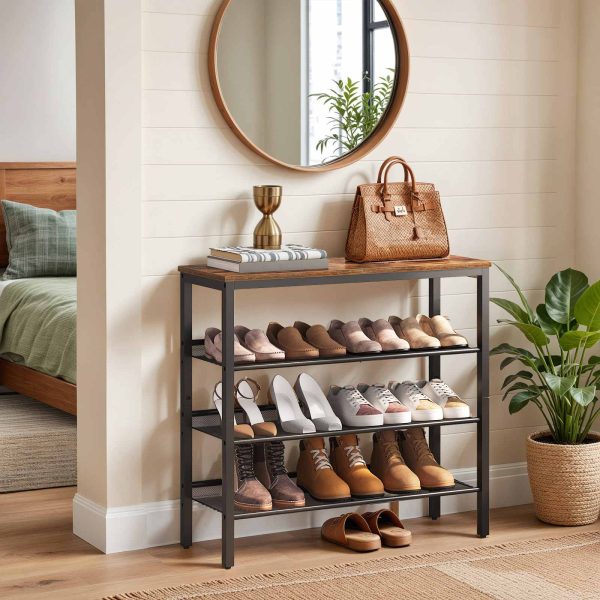 4-Tier Schong Rack, Industriell-Stil Shoe Stockage Organizer mat 3 Metal Mesh Regaler, Kapazitéit fir 12-15 Puer Schong, Solid a stabil Konstruktioun, Rustikal Braun Finish, Gëeegent fir Entrée a Kleederschaf