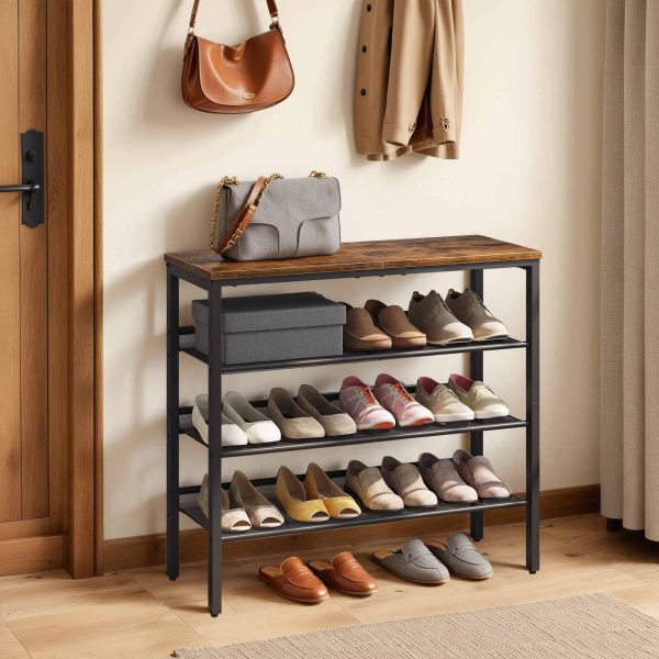 4-Tier Schong Rack, Industriell-Stil Shoe Stockage Organizer mat 3 Metal Mesh Regaler, Kapazitéit fir 12-15 Puer Schong, Solid a stabil Konstruktioun, Rustikal Braun Finish, Gëeegent fir Entrée a Kleederschaf