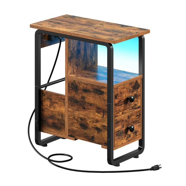 Rustic Brown & Black Narrow End Table with Charging Station and LED Lights, Slim Nightstand with 2 Fabric Drawers and Open Shelves, Suitable for Living Room and Bedroom