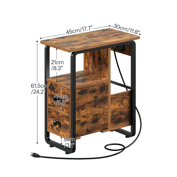 Rustic Brown & Black Narrow End Table with Charging Station and LED Lights, Slim Nightstand with 2 Fabric Drawers and Open Shelves, Suitable for Living Room and Bedroom