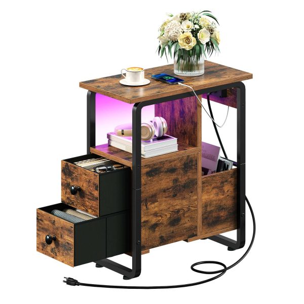 Rustic Brown & Black Narrow End Table with Charging Station and LED Lights, Slim Nightstand with 2 Fabric Drawers and Open Shelves, Suitable for Living Room and Bedroom