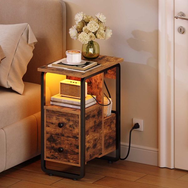 Rustic Brown & Black Narrow End Table with Charging Station and LED Lights, Slim Nightstand with 2 Fabric Drawers and Open Shelves, Suitable for Living Room and Bedroom