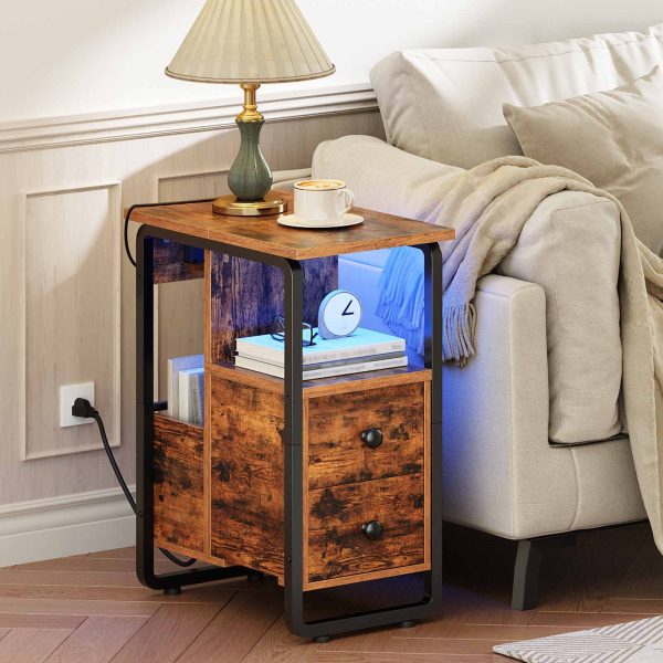 Rustic Brown & Black Narrow End Table with Charging Station and LED Lights, Slim Nightstand with 2 Fabric Drawers and Open Shelves, Suitable for Living Room and Bedroom